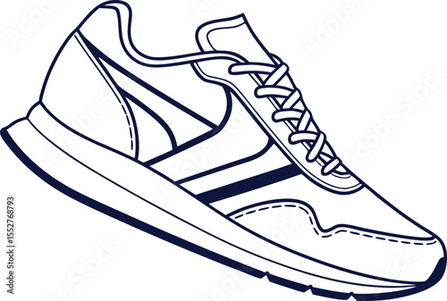 Dark blue outline of a running shoe on white sneaker