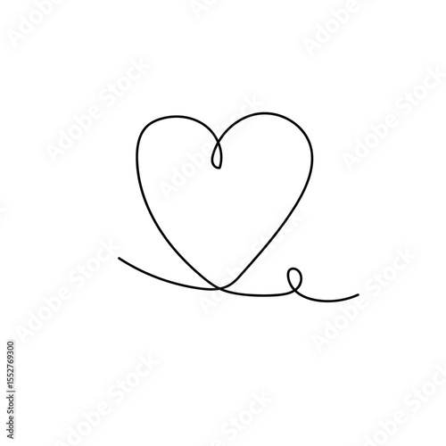 Continuous line drawing of a heart, black and white vector minimalist love concept illustration.