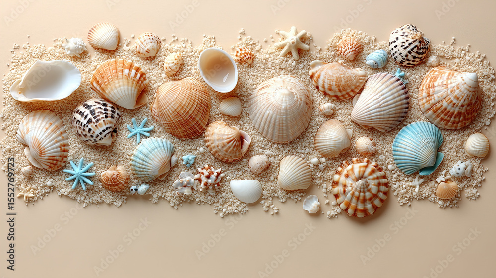 Obraz premium Mockup Assorted seashells and starfish arranged on sandy background with natural beach elements