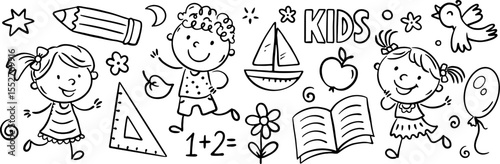 Black and white doodle kids horizontal border