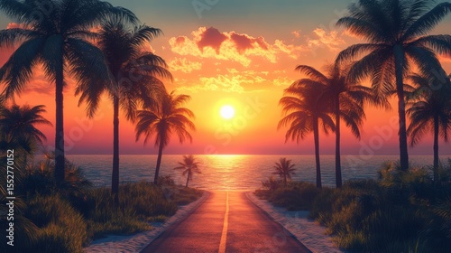 Fototapeta Naklejka Na Ścianę i Meble -  Road lined in Palm Trees,coastal boulevard lined with tall palms on the beach,Beach paradise,Summer beach vibes,Holliday road trip by vehicle.