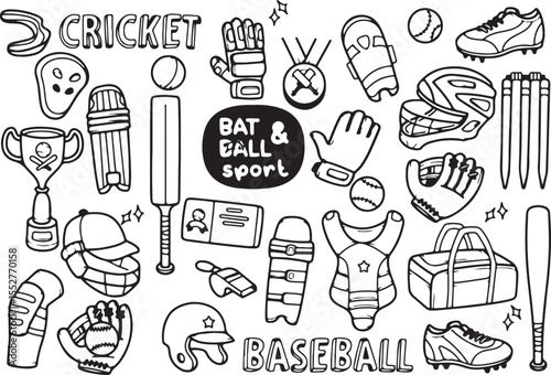 Bat and Ball Sports Doodle Set – Baseball, Cricket, Games, Outdoor, Active, Equipment