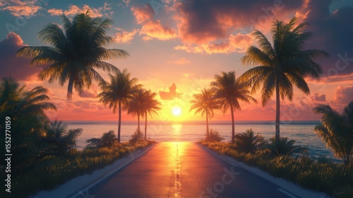 Fototapeta Naklejka Na Ścianę i Meble -  Road lined in Palm Trees,coastal boulevard lined with tall palms on the beach,Beach paradise,Summer beach vibes,Holliday road trip by vehicle.