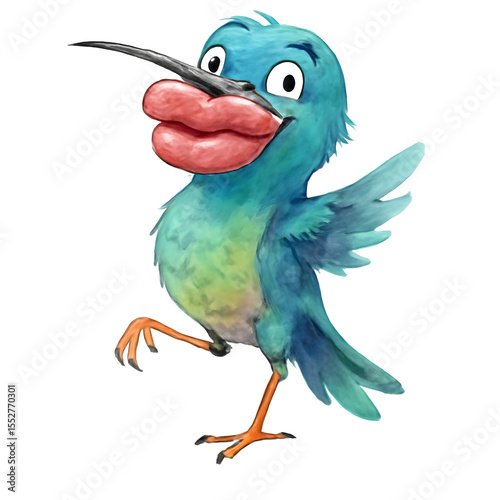 Colorful Cartoon Bird with Big Lips and Cheerful Expression