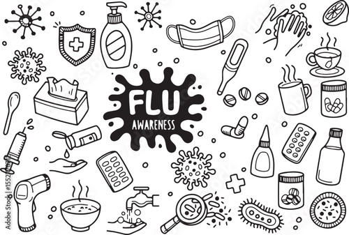  Flu and Illness Doodle Set – Virus, Mask, Medicine, Germs, Health, Prevention