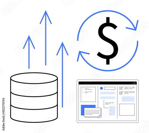 Database and web interface alongside upward arrows and dollar sign to represent growth, data analysis, and revenue generation. Ideal for business, finance, technology, marketing, analytics, strategy