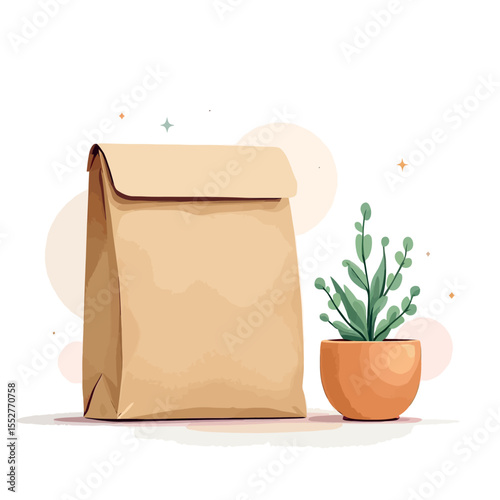 Vsai brown paper bag standing next to a small potted plant
