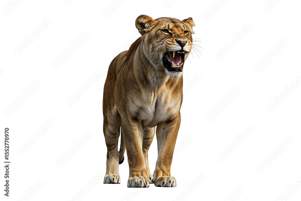 Obraz premium A roaring lioness, isolated on transparent background
