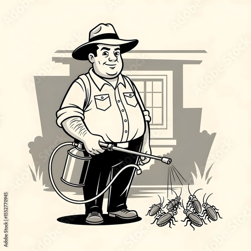vintage black and white cartoon of an exterminator pest control man mascot wearing a hat, bugs, insects, roaches, ants, spiders, flees, bed bugs,  pest killer, exterminator man, exterminator hat, pest