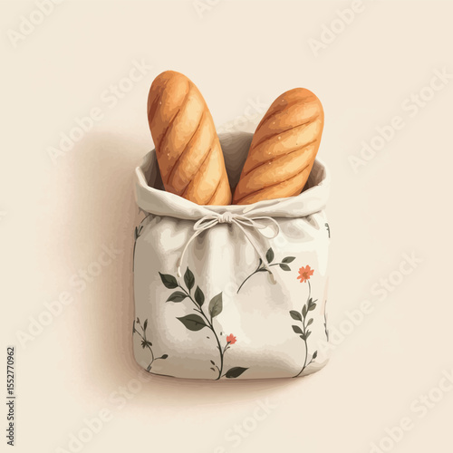 Vsai two baguettes inside reusable cotton bread bag with floral pattern