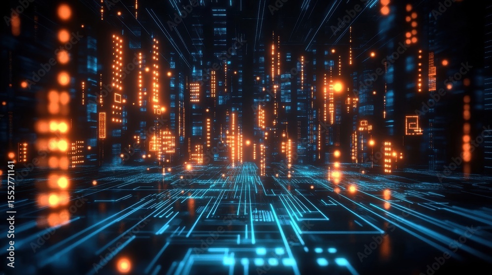 Obraz premium Futuristic Digital Network with Illuminated Data Streams