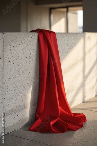 Red silk fabric draped over modern concrete wall in natural light
