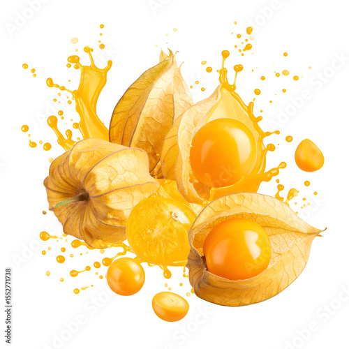 Golden berry still life close up of cape gooseberry with juice splash on transparent background for healthy eating and tropical fruit concepts