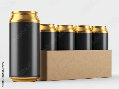 Six black and gold aluminum cans, one slightly forward, sit in a brown cardboard six-pack carrier against a white background
