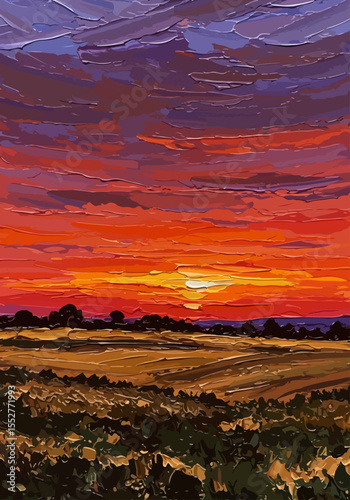 abstract impressionist landscape, vivid brushstrokes, sunset over fields, vibrant colors, expressive and painterly texture
