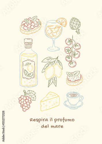 Hand drawn Italian elements poster with lemons, cheese, tomatoes, wine, coffee, aperitivo, snacks. Vintage Mediterranean style vector illustration for kitchen, resaurant, cafe interior decor.