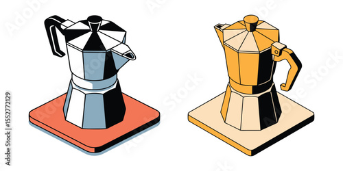 Vector collection of  maker icons, including a Moka pot, cafetiere, and a hot beverage cup outline on white background