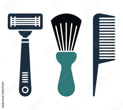 Vector set of personal care tools for men, a stylized graphic of a razor, shaving brush, and comb isolated on white background