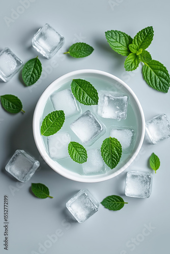 Refreshing mint and ice water in white bowl – top view composition