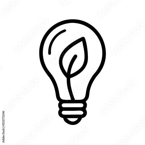 Eco Light Bulb Icon with Leaf Symbol – Green Energy Concept Outline Illustration