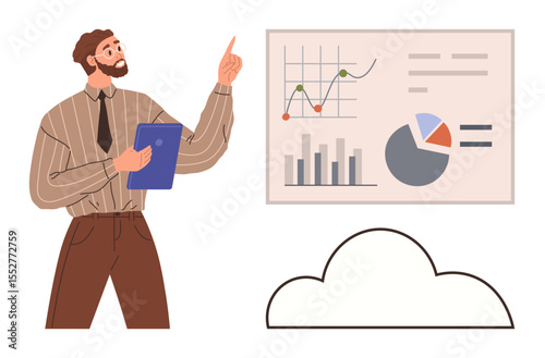 Businessman presenting charts with graphs, bars, and pie diagrams while pointing at data. Ideal for analytics, data visualization, cloud integration, business strategy, presentation, teamwork