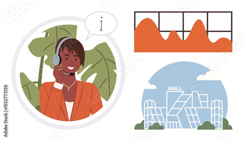 Smiling customer support agent with headset, orange graph chart, and stylized shopping mall icon. Ideal for customer service, analytics, retail, communication, business, marketing consumer
