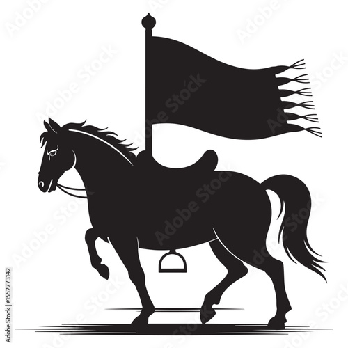 muharram Black silhouette of a ceremonial horse with a flag. Heraldic or parade vector icon.