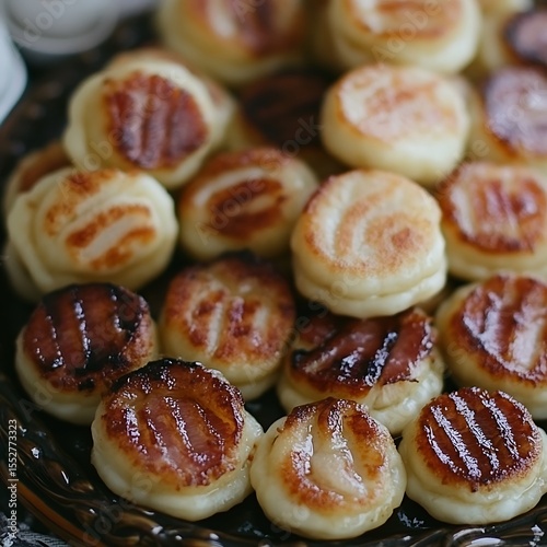 Wallpaper Mural Delicious Syrniki Platter: Golden-Brown Pancakes Stacked on a Vintage Serving Dish Torontodigital.ca