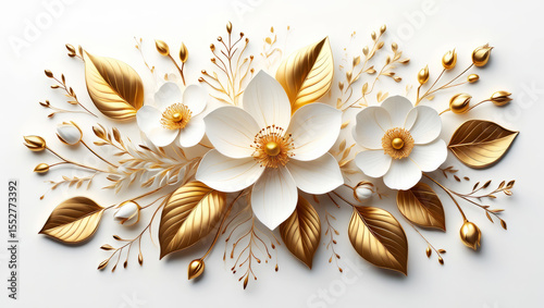 Elegant golden and white floral arrangement. Luxurious decorative flowers with gold leaves. 3d render of exquisite botanical design