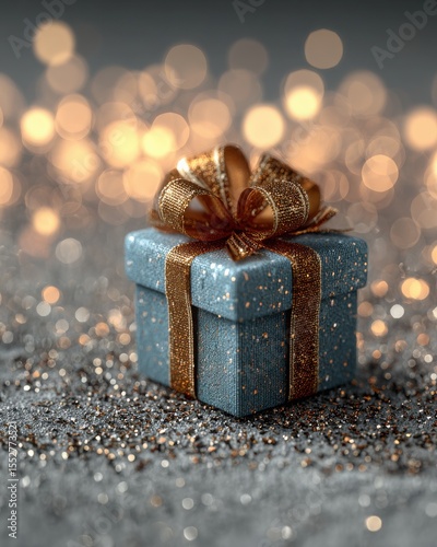 Pastel gift box design render Elegant Blue Gift Box with Shiny Gold Ribbon on Blurred Background 3D glossy present for branding surreal floating gift packaging