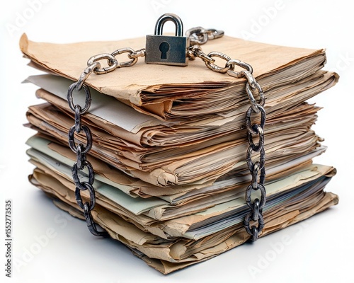 Stacked old documents secured with a padlock and chain, symbolizing confidentiality