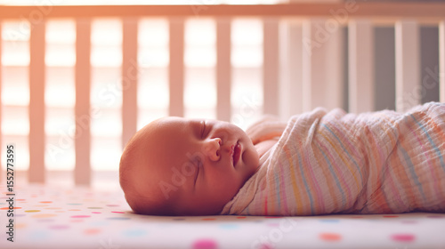 Newborn baby sleeping in crib, wrapped in soft blanket. Peaceful infancy and tender care.