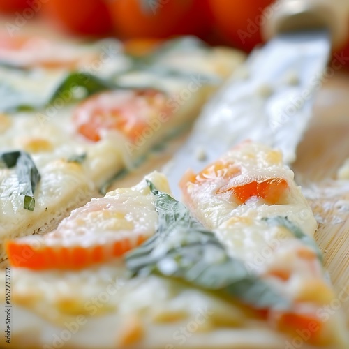 Wallpaper Mural Delicious vegetarian pizza with tomatoes and spinach on a wooden board ready to eat Torontodigital.ca