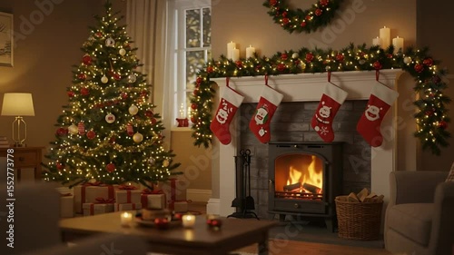 Cozy Christmas living room fireplace with decorated tree, stockings, and presents
