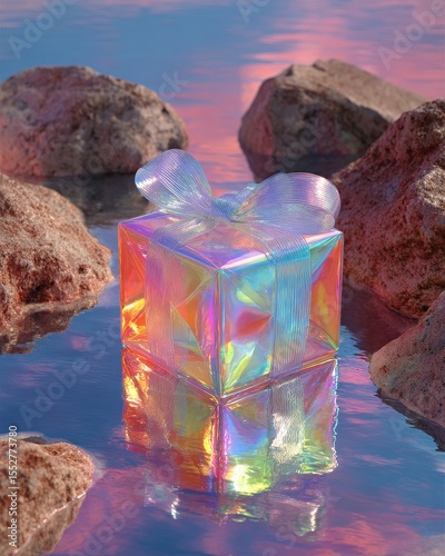 Pastel gift box design render Colorful Gift Box with Ribbon Reflecting on Water Surface Among Rocks 3D glossy present for branding surreal floating gift packaging
