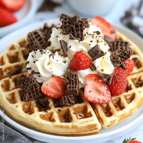 Wallpaper Mural Delicious Waffles with Fresh Strawberries, Whipped Cream, and Chocolate for Dessert Torontodigital.ca