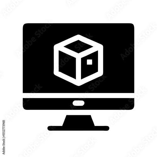 Computer monitor with cube isolated on white background representing 3d modeling and digital display