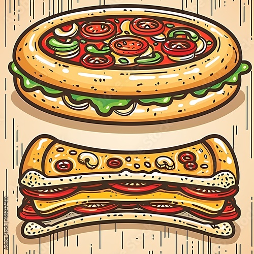 Wallpaper Mural Delightful hand-drawn pizza and sandwich illustration perfect for menu design and food blogs Torontodigital.ca
