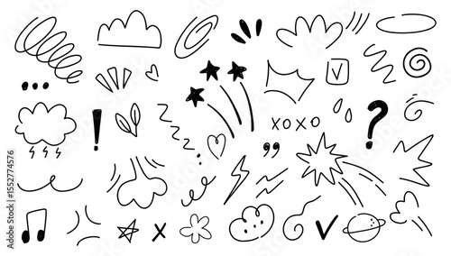 Sketch underline, emphasis, arrow shape set. Hand drawn abstract scribbles and squiggles, creative various shapes.Cartoon style manga doodle line expression scribble anime mark collection.