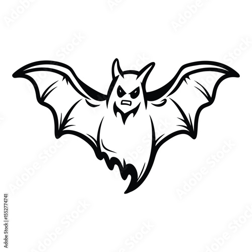 Black and white cartoon ghost bat with wings spread