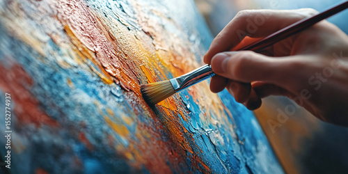 Close-up of an artist's hand applying paint to a vibrant abstract canvas.