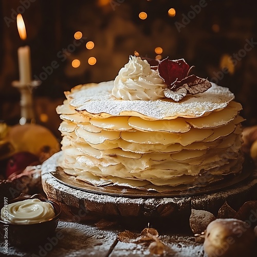 Wallpaper Mural Elegant pancake cake with cream and autumn leaves on a rustic wooden board Torontodigital.ca