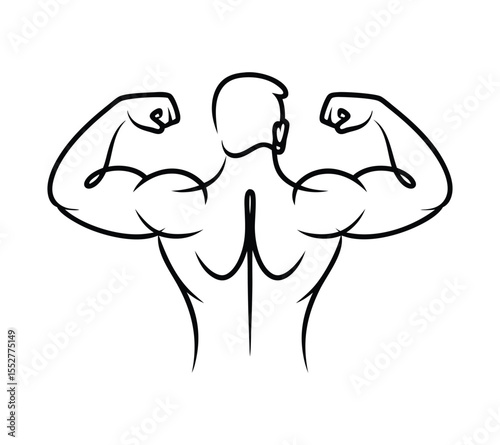 Muscular man's back and biceps in a single continuous line art illustration, an anatomy and strength symbol on white background