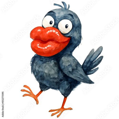 Whimsical Cartoon Bird with Bright Red Beak and Playful Expression