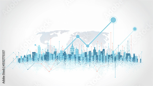 A stylized city skyline with a world map and upward trending lines represents global growth and business development