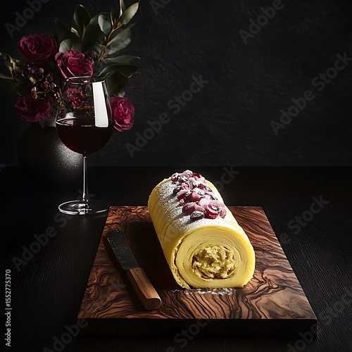 Wallpaper Mural Elegant swiss roll dessert arrangement featuring cranberries and wine in moody ambiance Torontodigital.ca