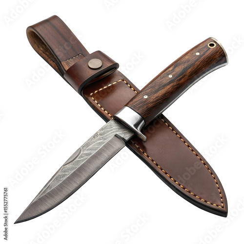Handcrafted hunting knife in leather sheath isolated on transparent background
