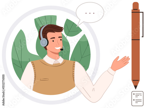 Smiling support agent wearing headset, speaking with speech bubble, surrounded by leaves, gesturing to pen. Ideal for customer service, communication, help desk, writing tools, assistance training