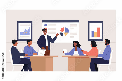 Diverse business team in a meeting room presenting financial data and charts