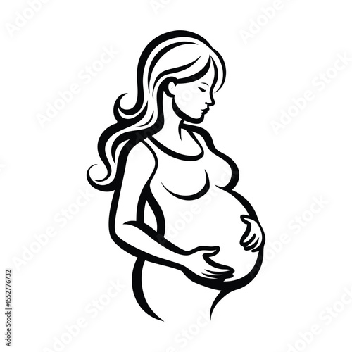 Pregnant woman with hands on belly black and white illustration